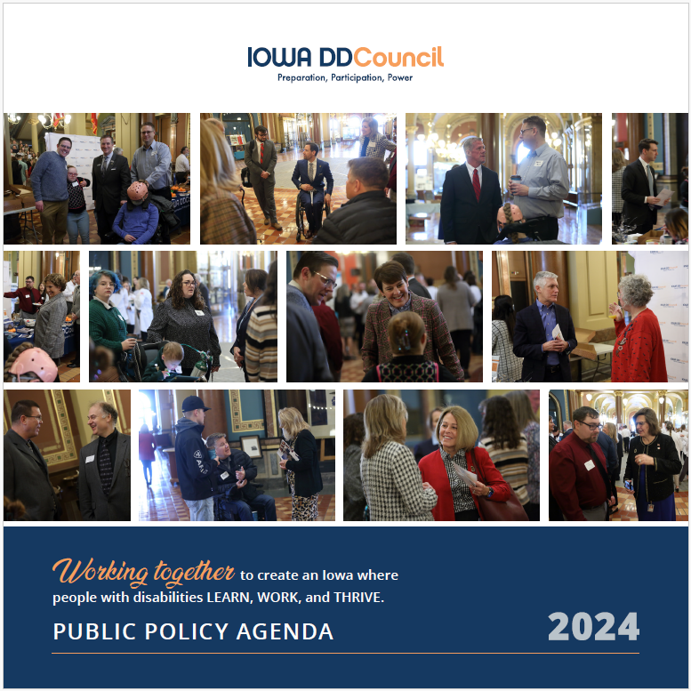 Screenshot of the Iowa DD Council Legislative Agenda front page, containing a collage of advocates meeting with legislators at the Iowa Capitol 