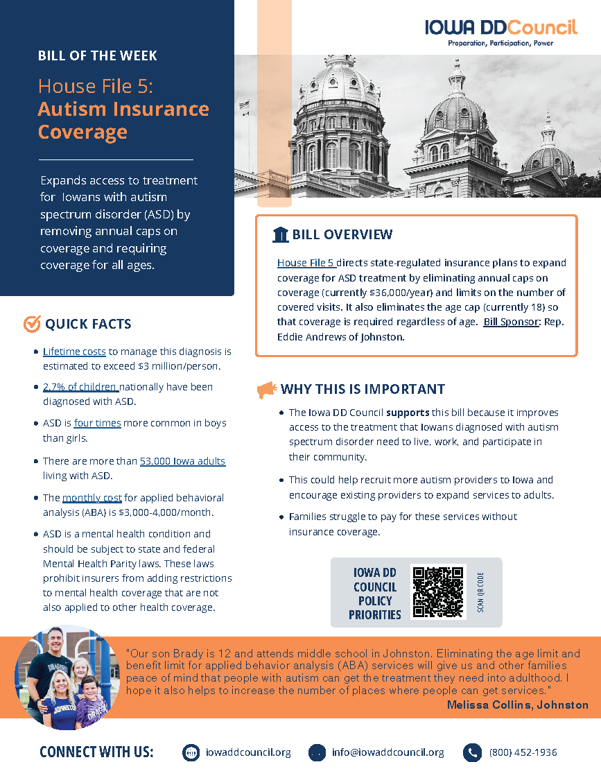 Thumbnail image of Bill of the week for autism coverage (house file 5). click on image to get pdf.