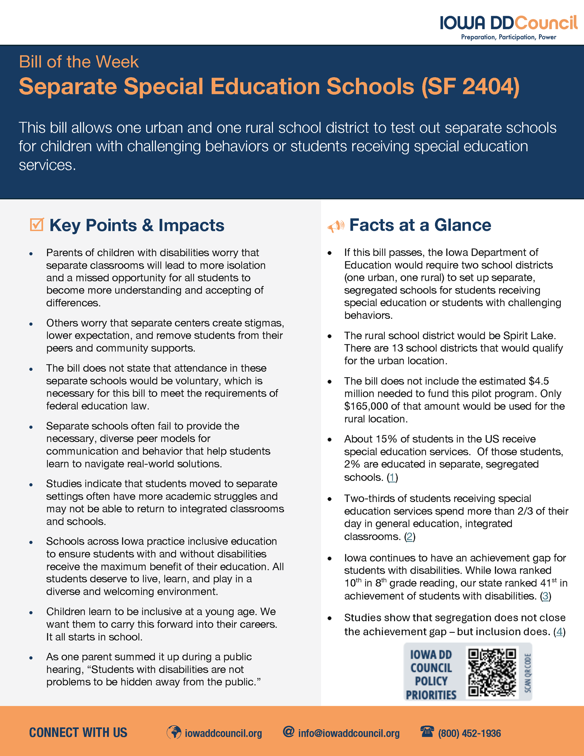 Thumbnail image of bill of the week for week 9 on segregated special education schools (SF 2404) - click to view.
