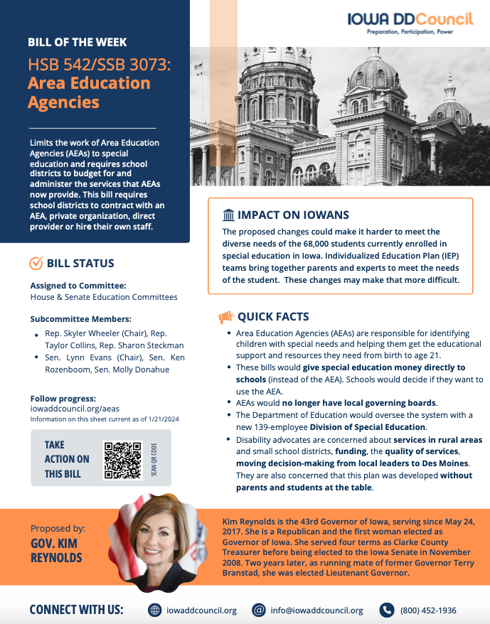 Thumbnail of HSB 542 & SSB 3073 Bill of the Week on special education and AEA changes.
