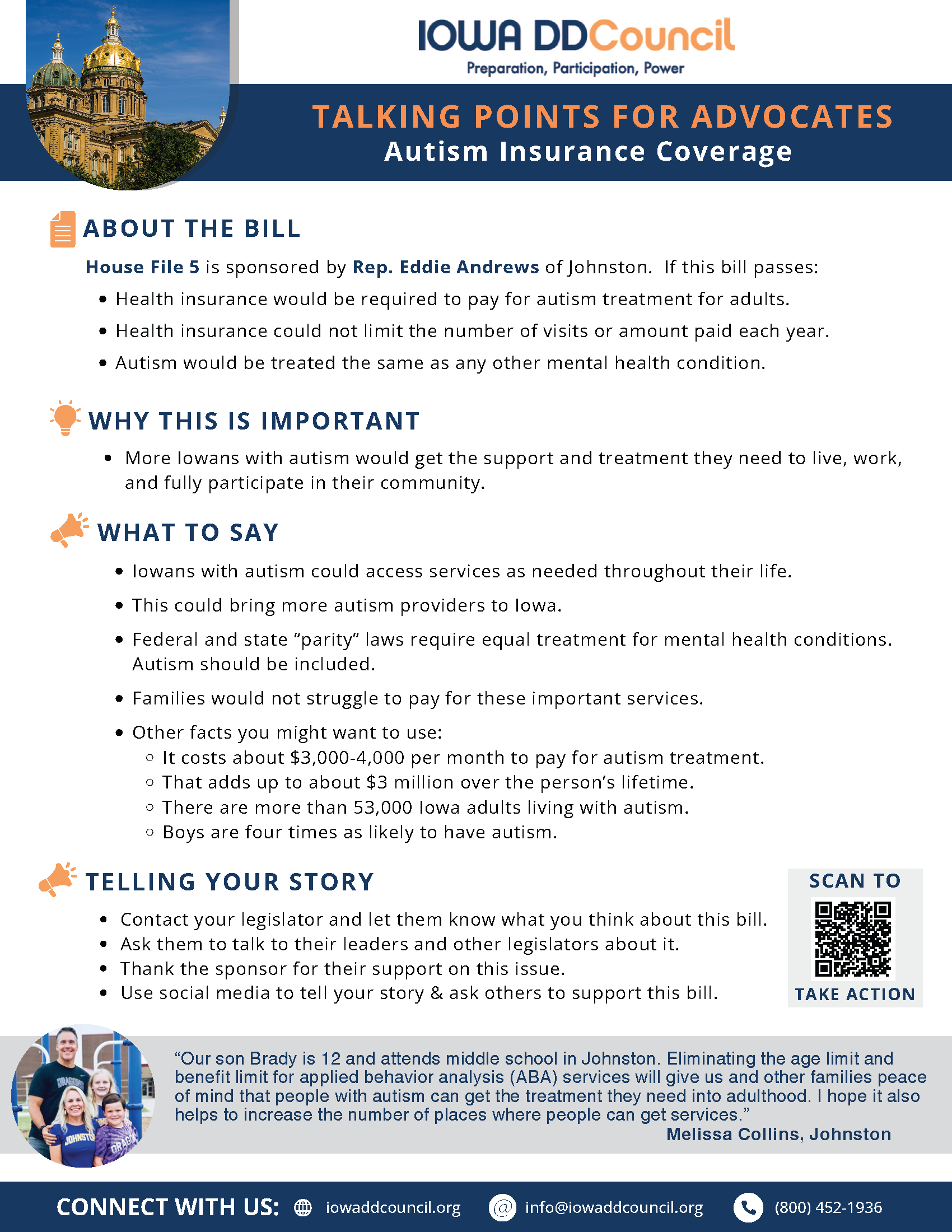 Thumbnail image of bill of the week talking points for autism insurance coverage (House file 5). Click image to get PDF.