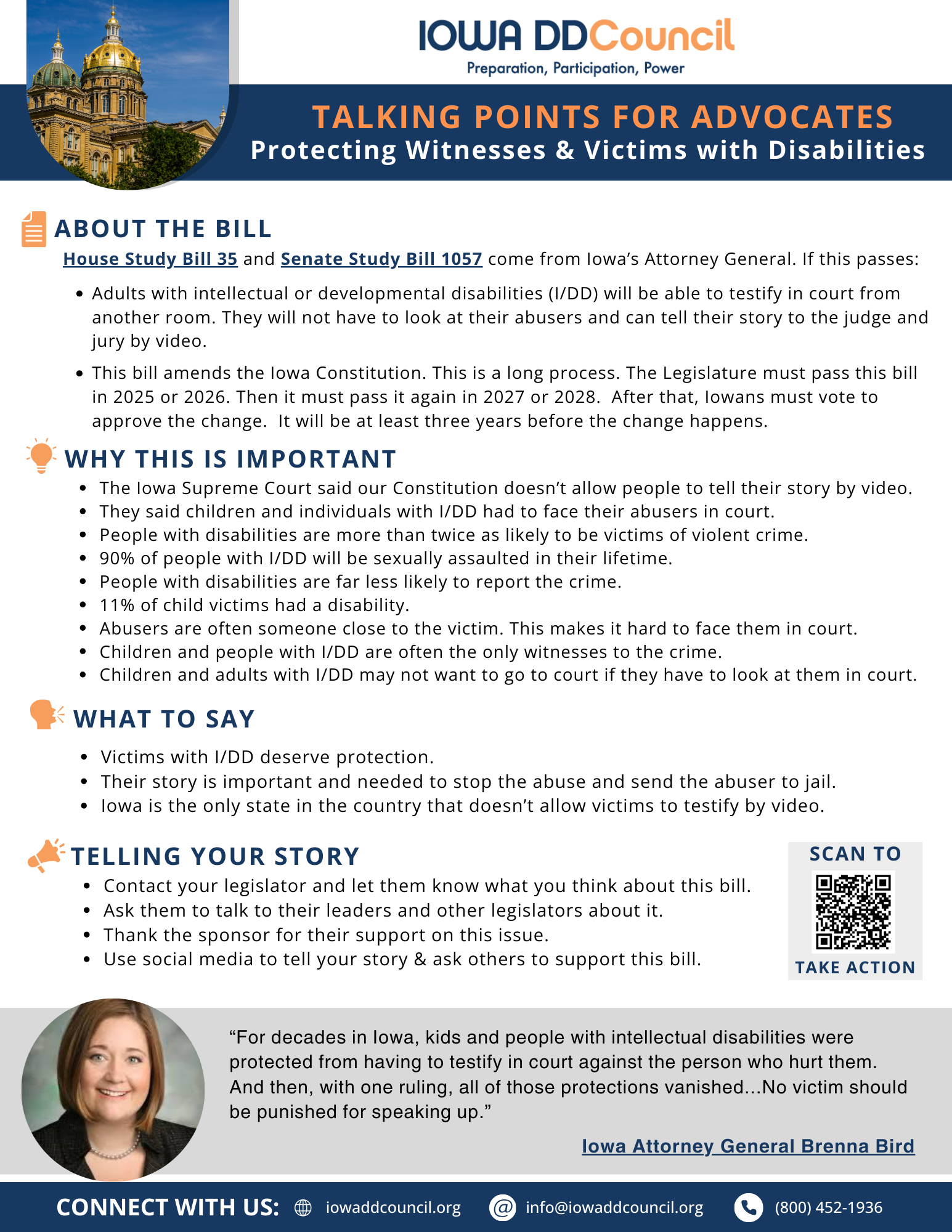 thumbnail of advocate talking points that match bill of the week (HSB 35 & SSB 1057 on constitutional amendment to protect child and persons with disabilities who are witnesses or victims - click for PDF 