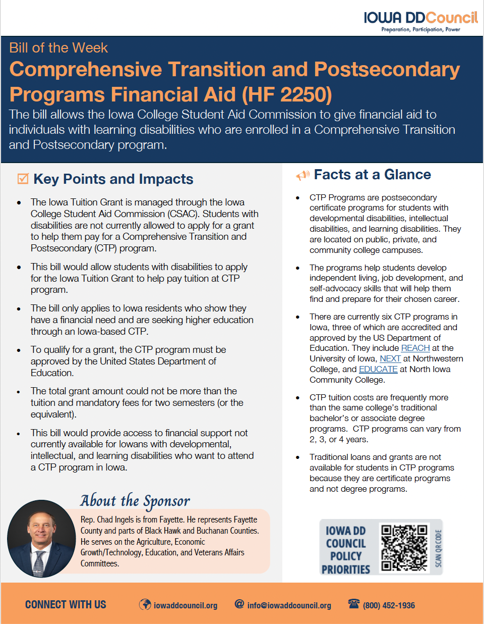 Thumbnail of bill of the week - HF 2250 - making comprehensive transition & postsecondary (CTP) programs eligible for the Iowa Tuition Grant - click to get PDF.