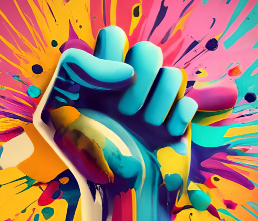 Very colorful fist in the air with paint exploding all over