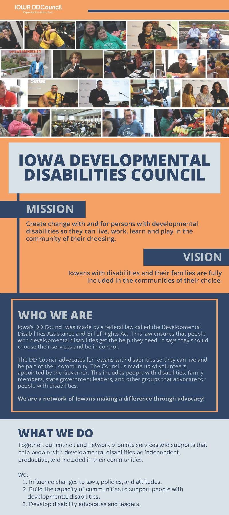 Iowa DD Council rack card explaining the council's mission, vision, what they are, and what they do.