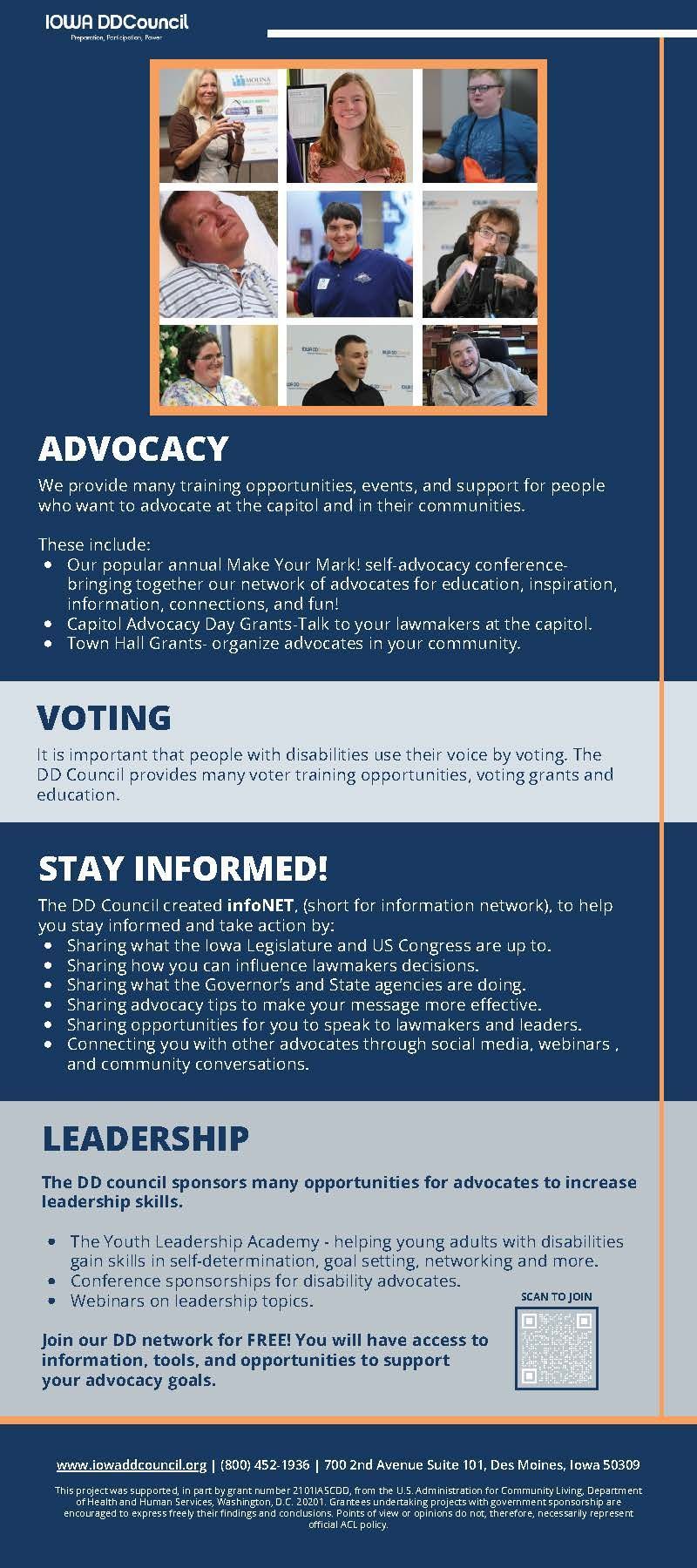 Iowa DD Council rack card explaining the council's mission, vision, what they are, and what they do.