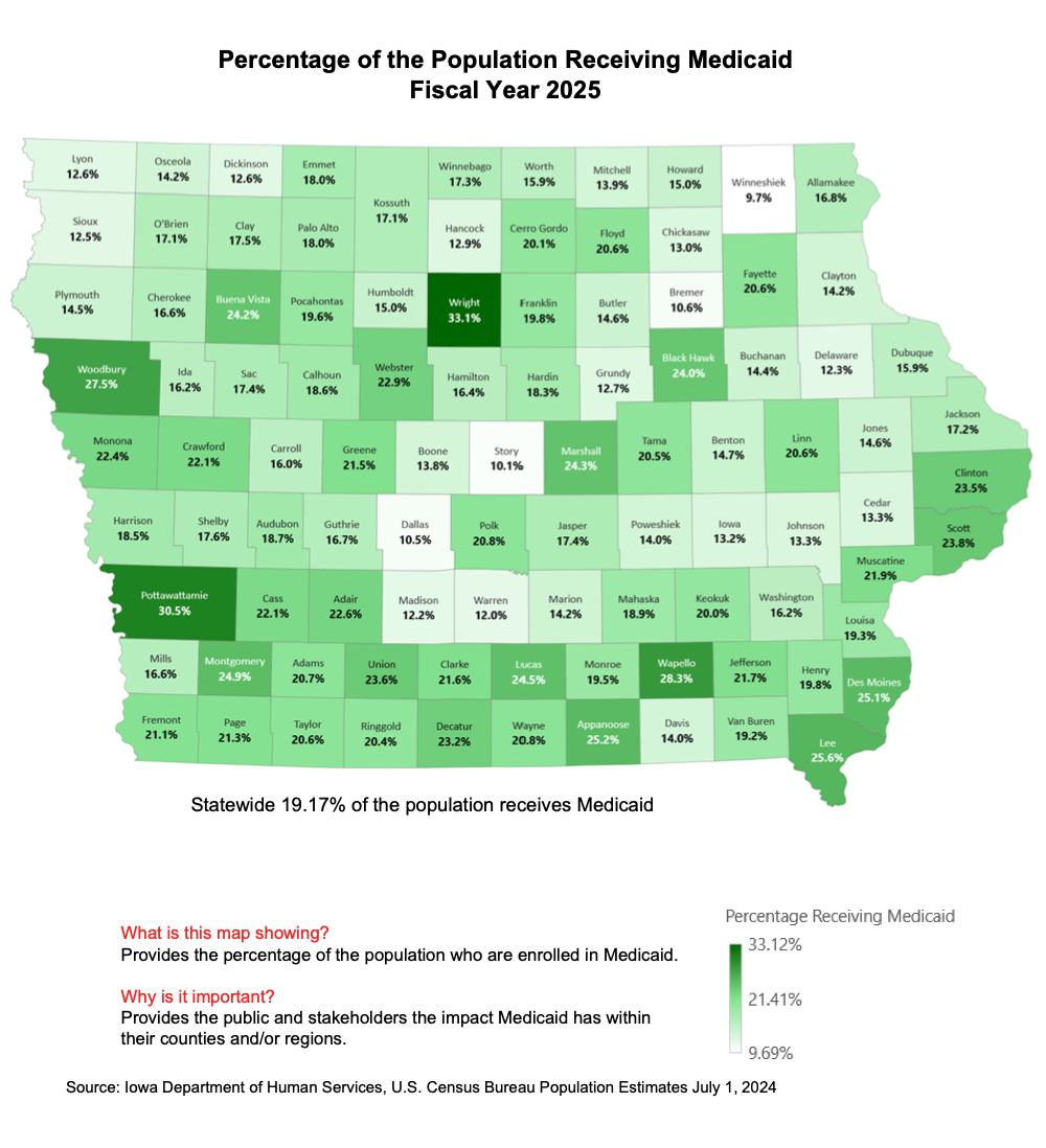 Map of state showing percentage of population receiving Medicaid by county.