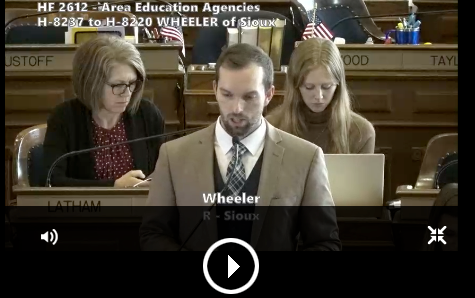 Screenshot of Rep. Skyler Wheeler beginning debate in Iowa House of Representatives on the compromise amendment for the AEA bill (HF 2612). Click to watch/listen to debate.