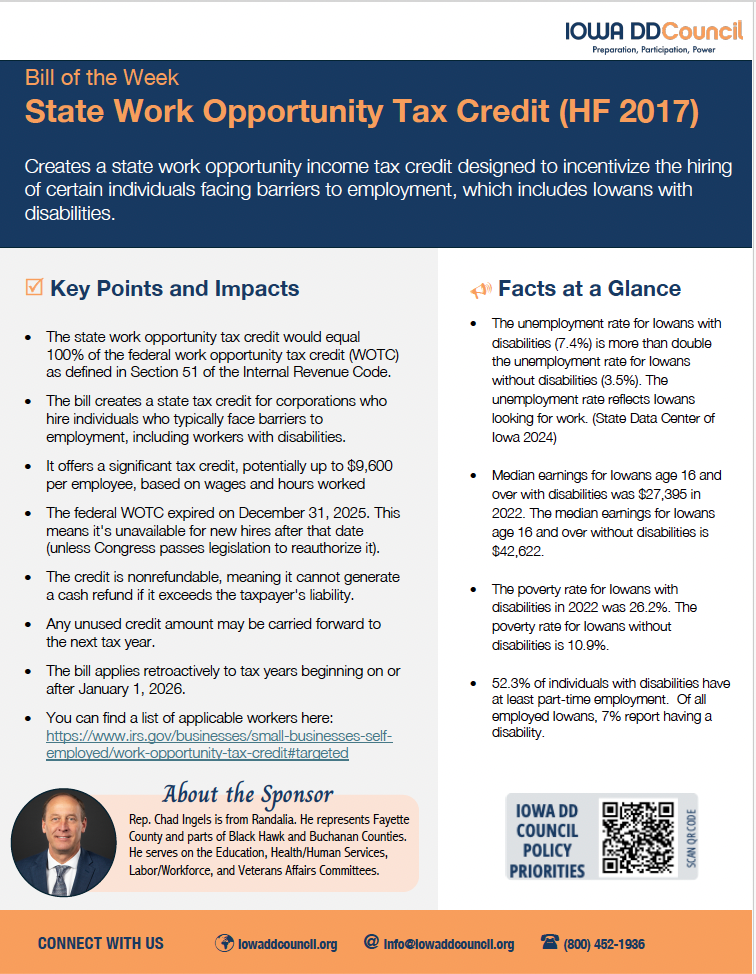Thumbnail of bill of the week - HF 2017 on the work opportunity tax credit - click to get PDF.