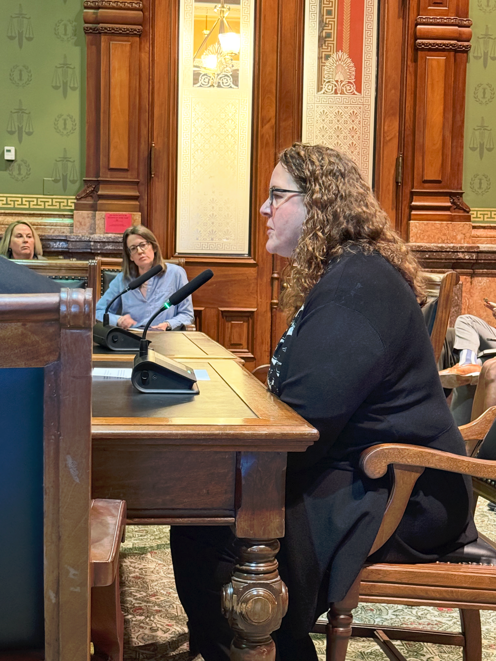 Photo of Stacy Ring, a young woman with long wavy brown hair and glasses, testifying in a room at the State Capitol. She is speaking into a microphone while people watch.