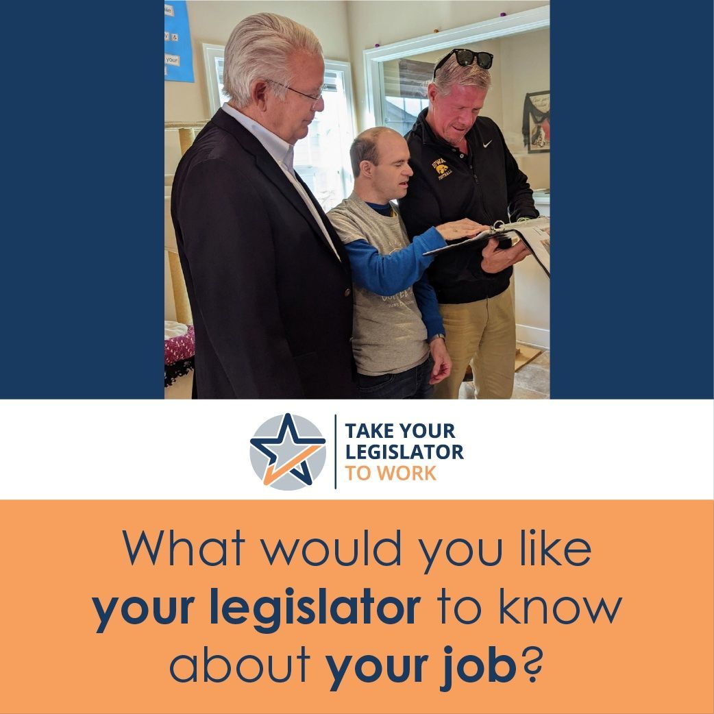 Photo of two legislators (Rep. John Forbes & Sen. Brad Zaun) talking to a young man at his workplace, showing them a binder.