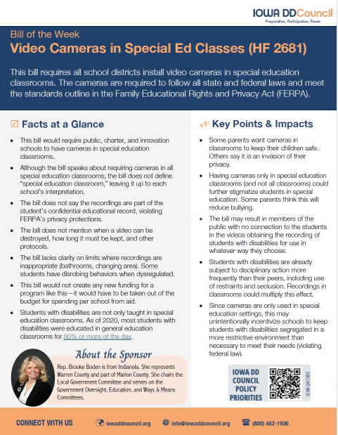 Thumbnail of bill of the week for week 5 on HF 2681 (video cameras in special education classes - click for pDF.