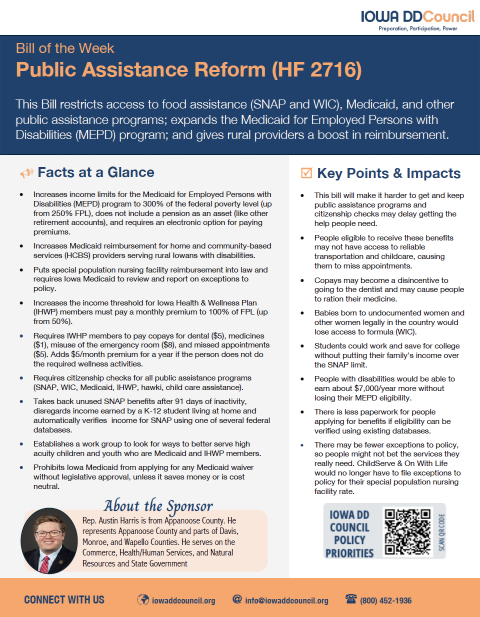 Thumbnail image of bill of the week for week 6 - on HF 2716 public assistance reform. Click for PDF
