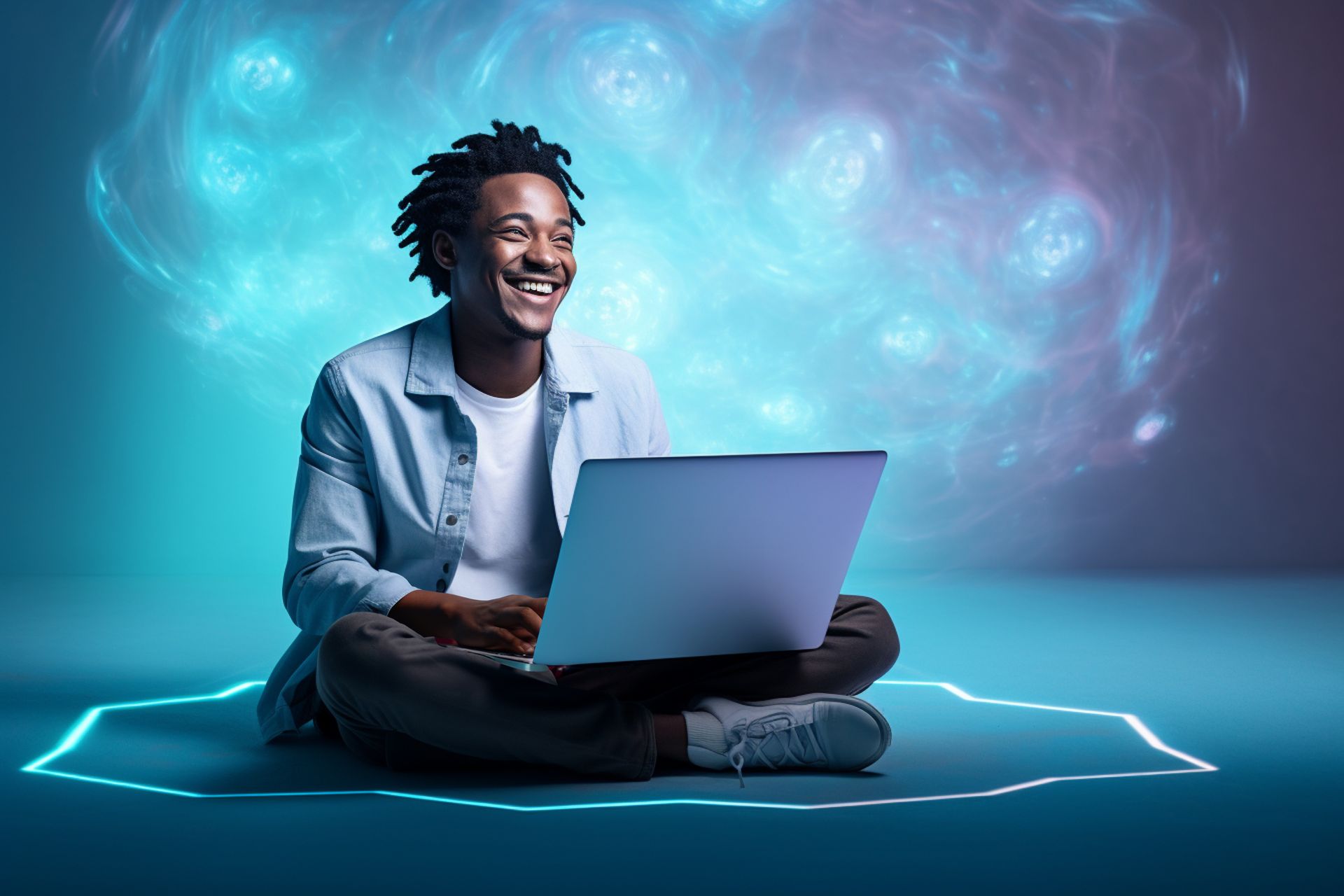 Pessoa negra sorrindo enquanto está sentada de pernas cruzadas com um laptop, cercada por linhas e fundo azuis brilhantes.