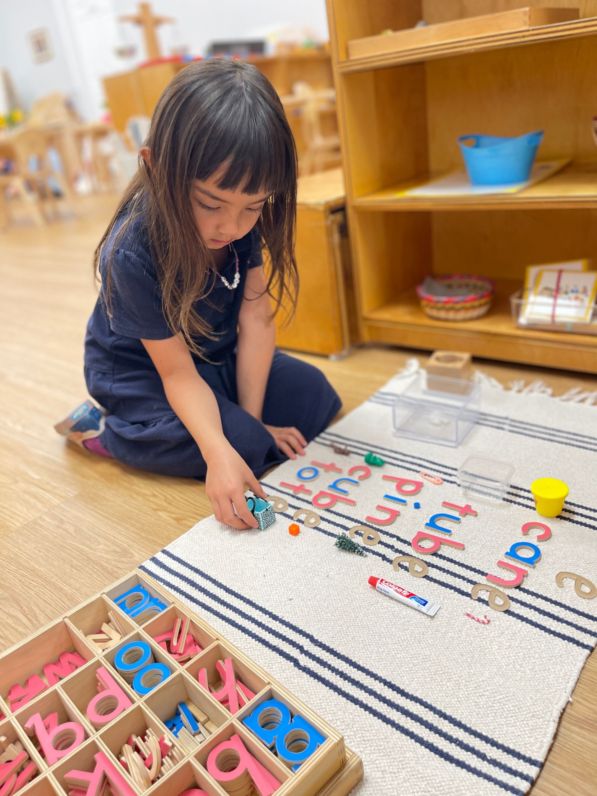 Child working with the Montessori movable alphabet 