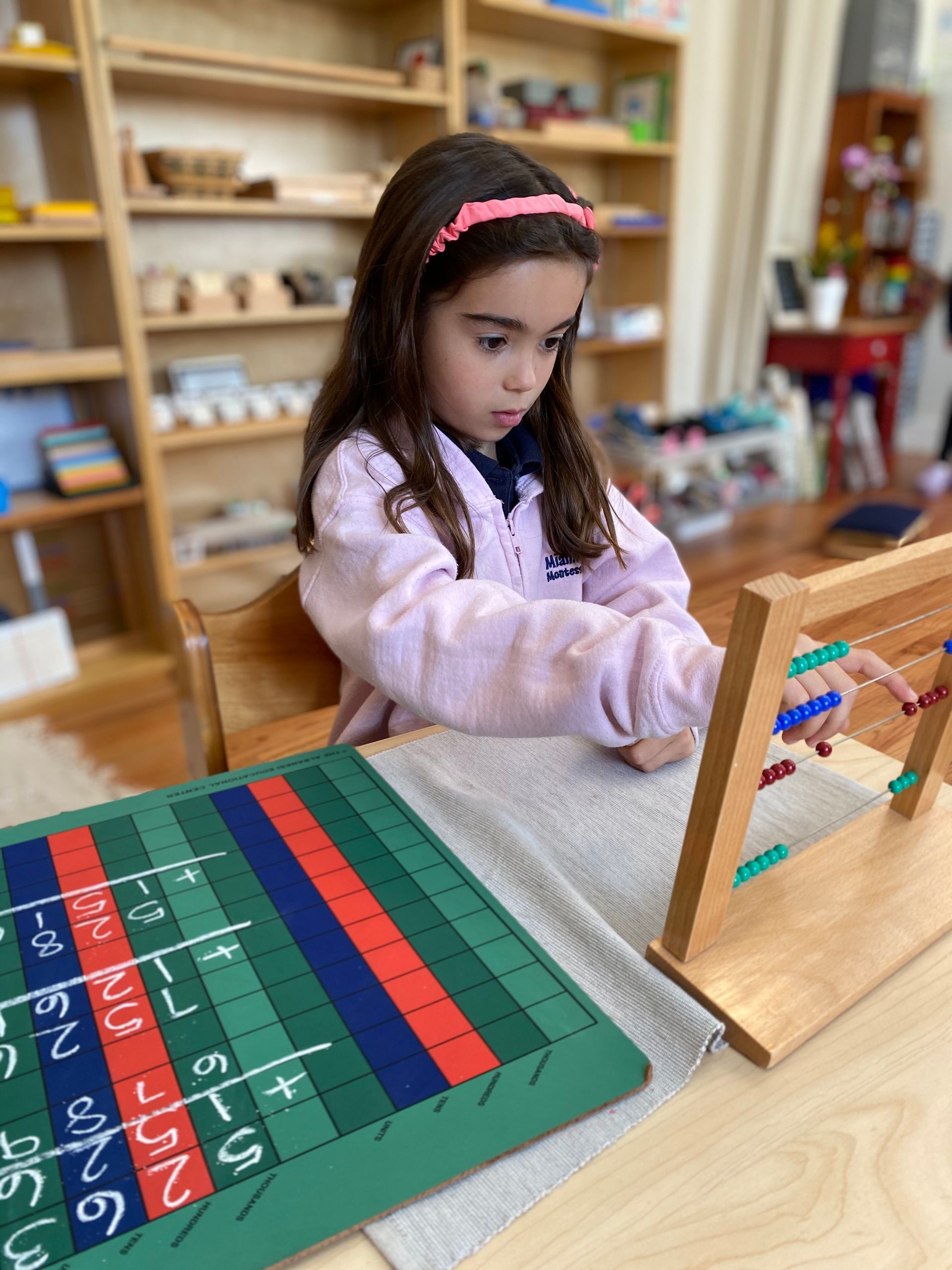 Montessori child working with math materials