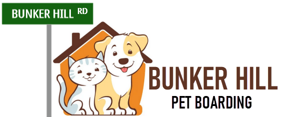The logo for bunker hill pet boarding shows a dog and a cat in a house.