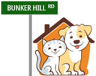 A dog and a cat are under a sign that says bunker hill rd