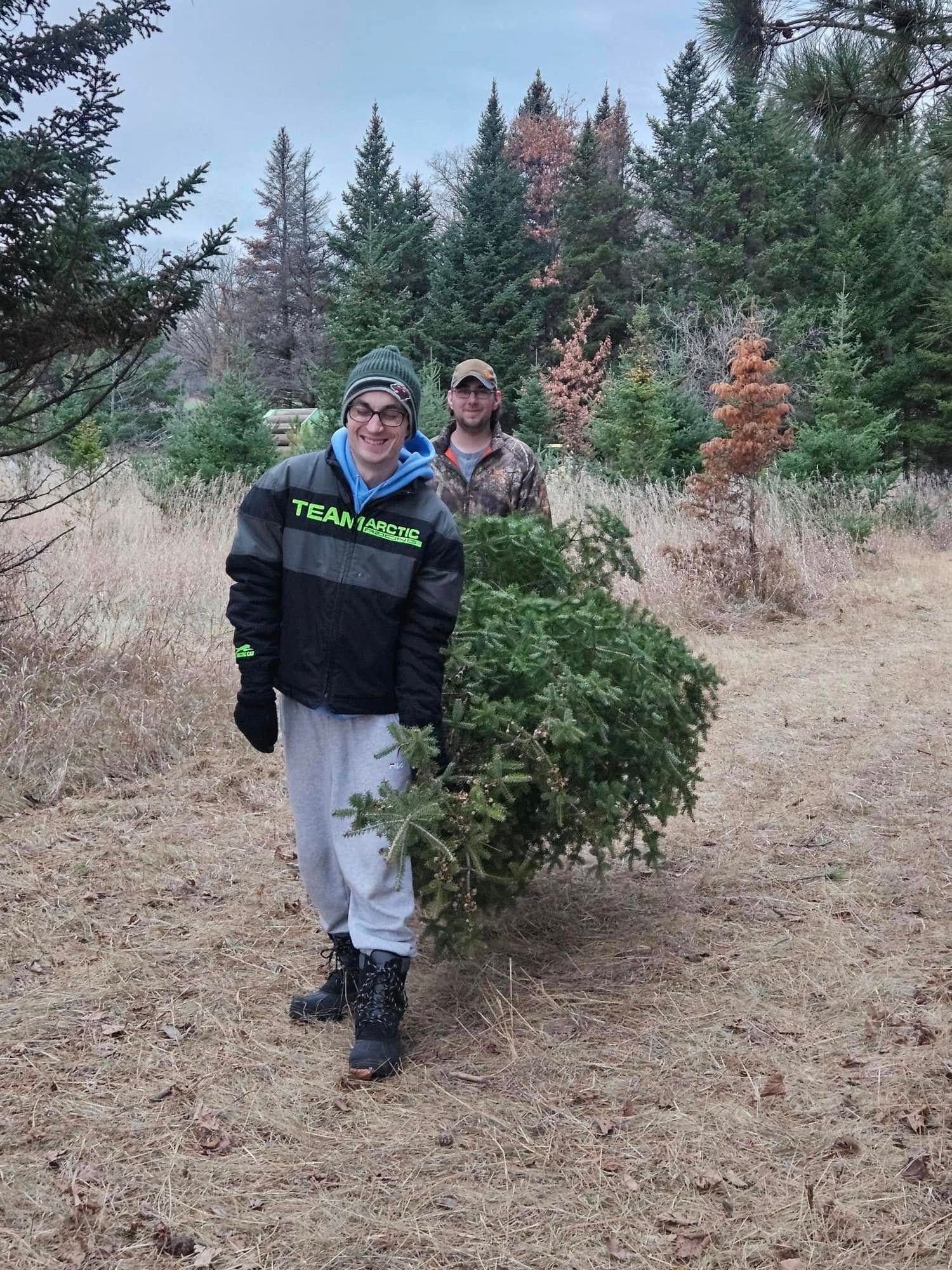 Two men are carrying a christmas tree in a field.