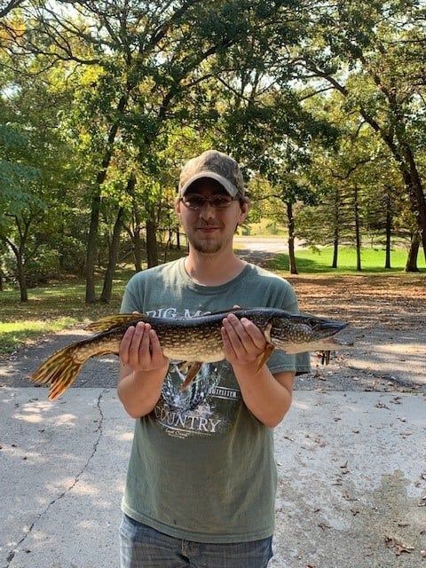 A man in a green shirt is holding a large fish.