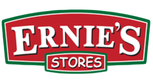 Ernie's Stores logo in red, white, and green; the text "Ernie's" on top and "Stores" below.