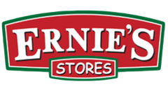 Ernie's Stores logo in red, white, and green; the text "Ernie's" on top and "Stores" below.