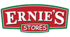 Ernie's Stores logo in red, white, and green; the text "Ernie's" on top and "Stores" below.