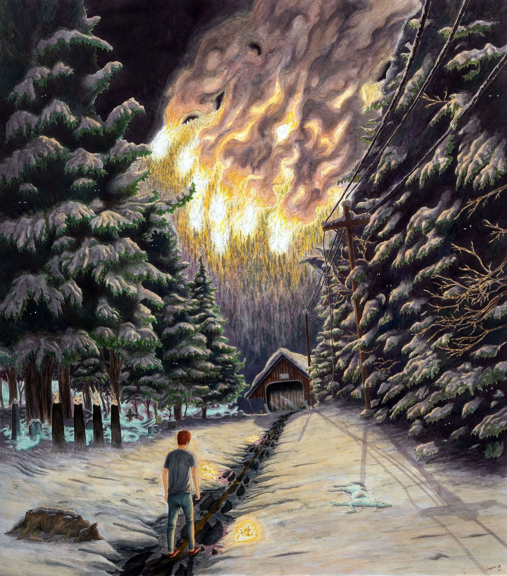 A boy is walking through snow towards a barn, forest on fire in the background