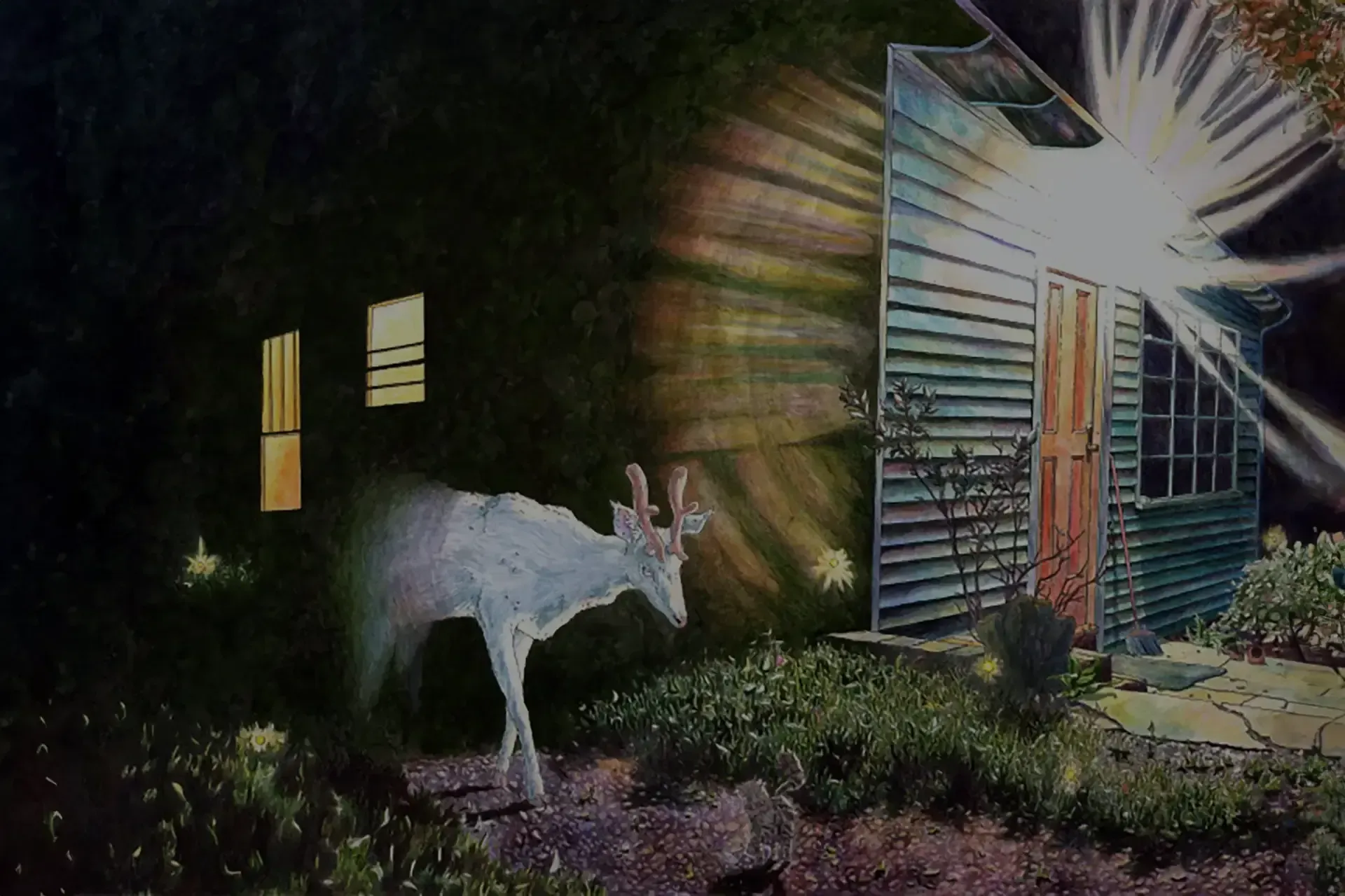 A painting of a deer standing in front of a house