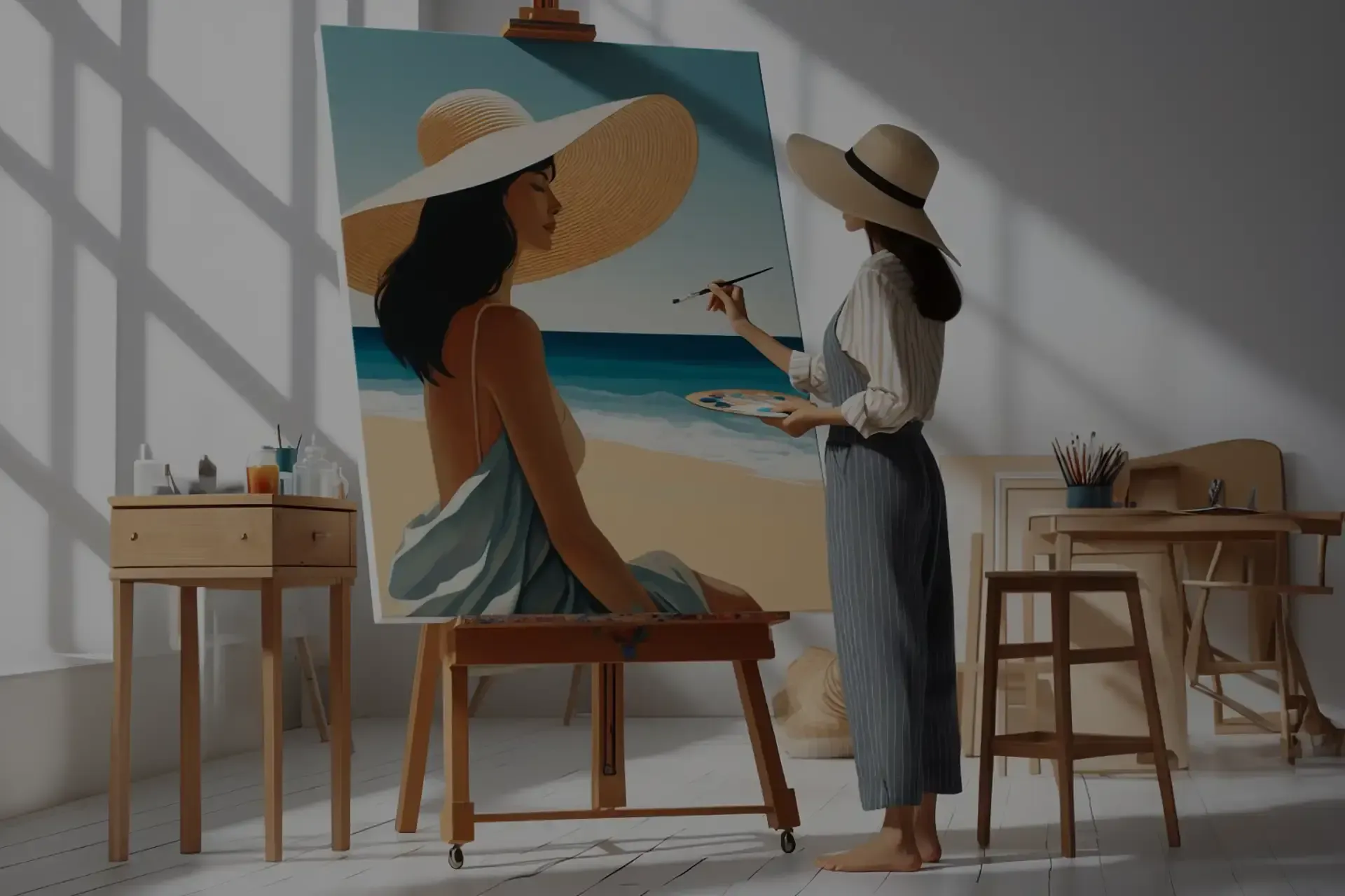 A woman is painting a picture of a woman on a beach on an easel.