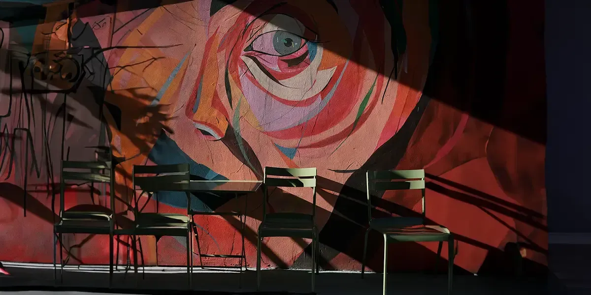 An image of a bistro with an great piece of art looking at empty tables late one afternoon and a link to the Giclee prints page