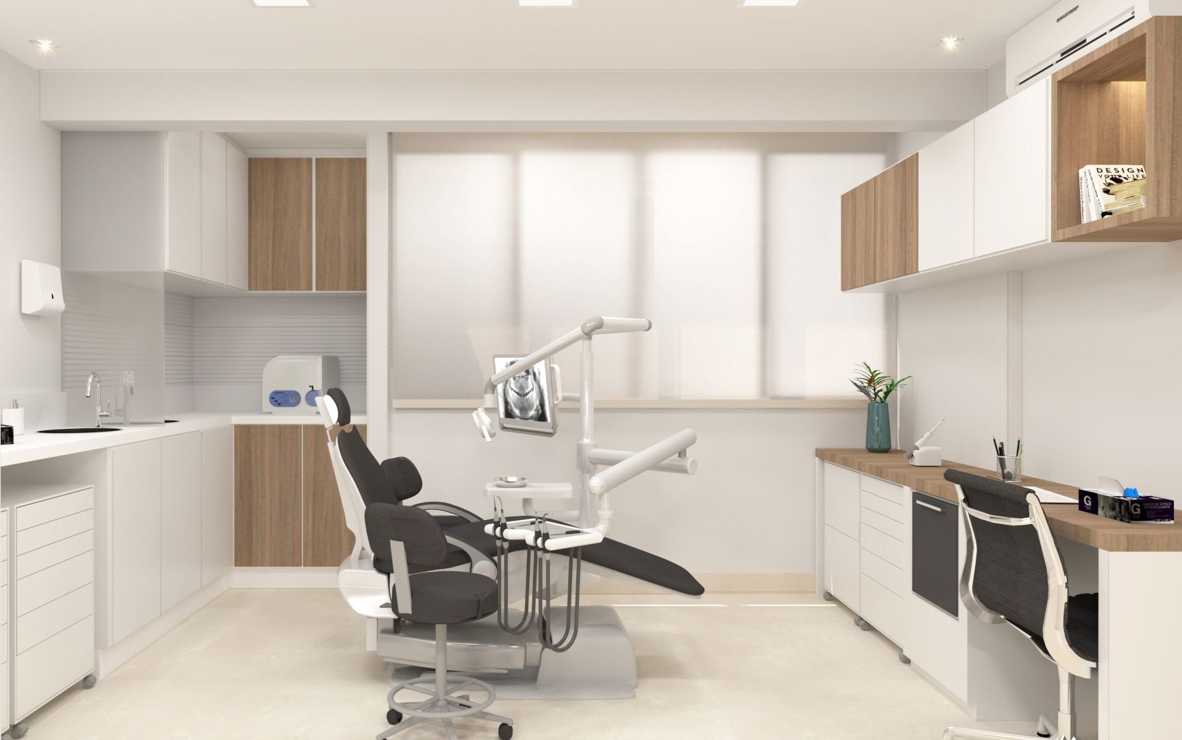 Consultório-Odontologico-Com-Cadeira-Para-o-Paciente-E-Cadeira-Mocho-Para-o-Dentista