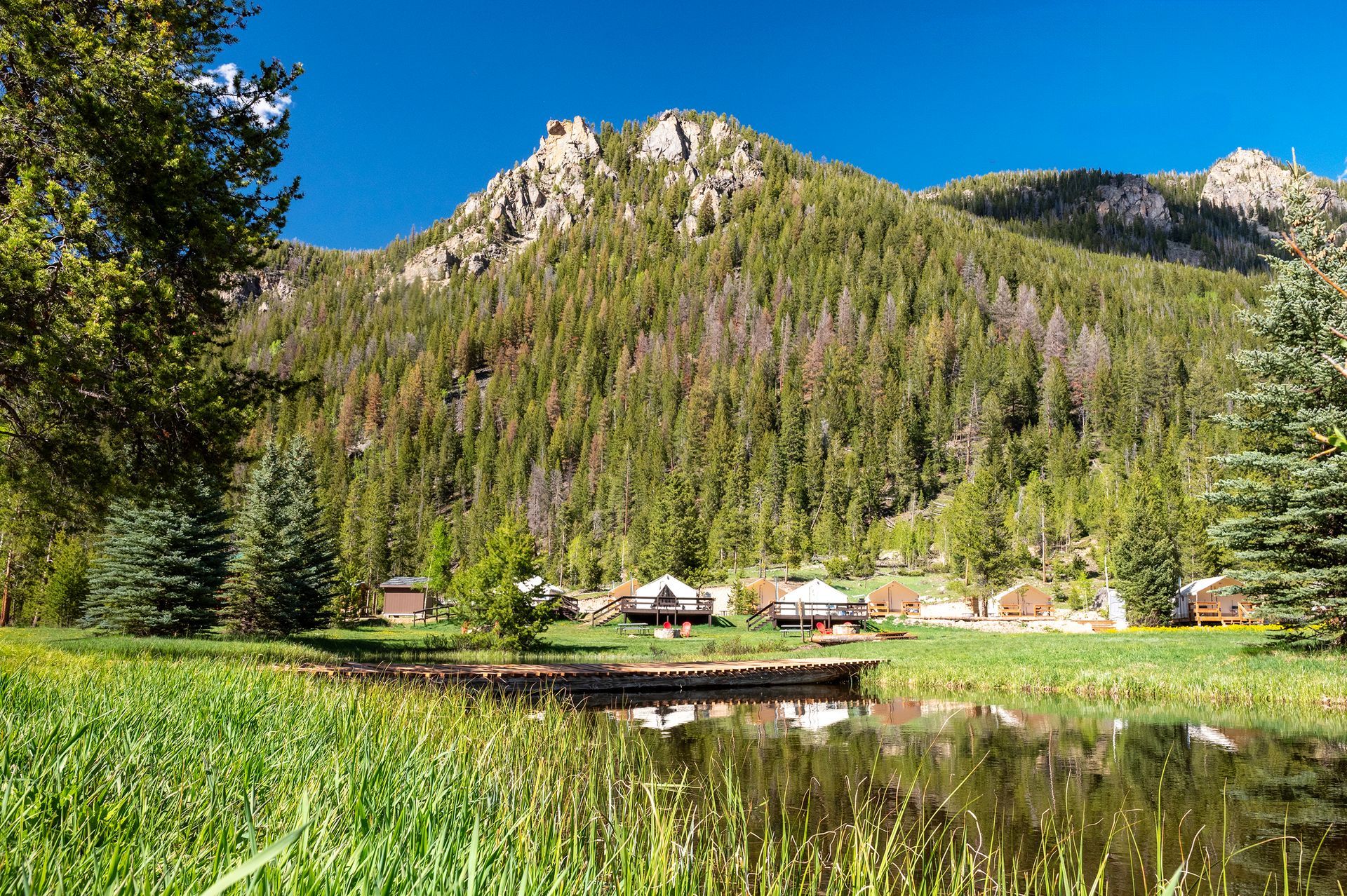 There is a lake in the middle of a field with a mountain in the background.