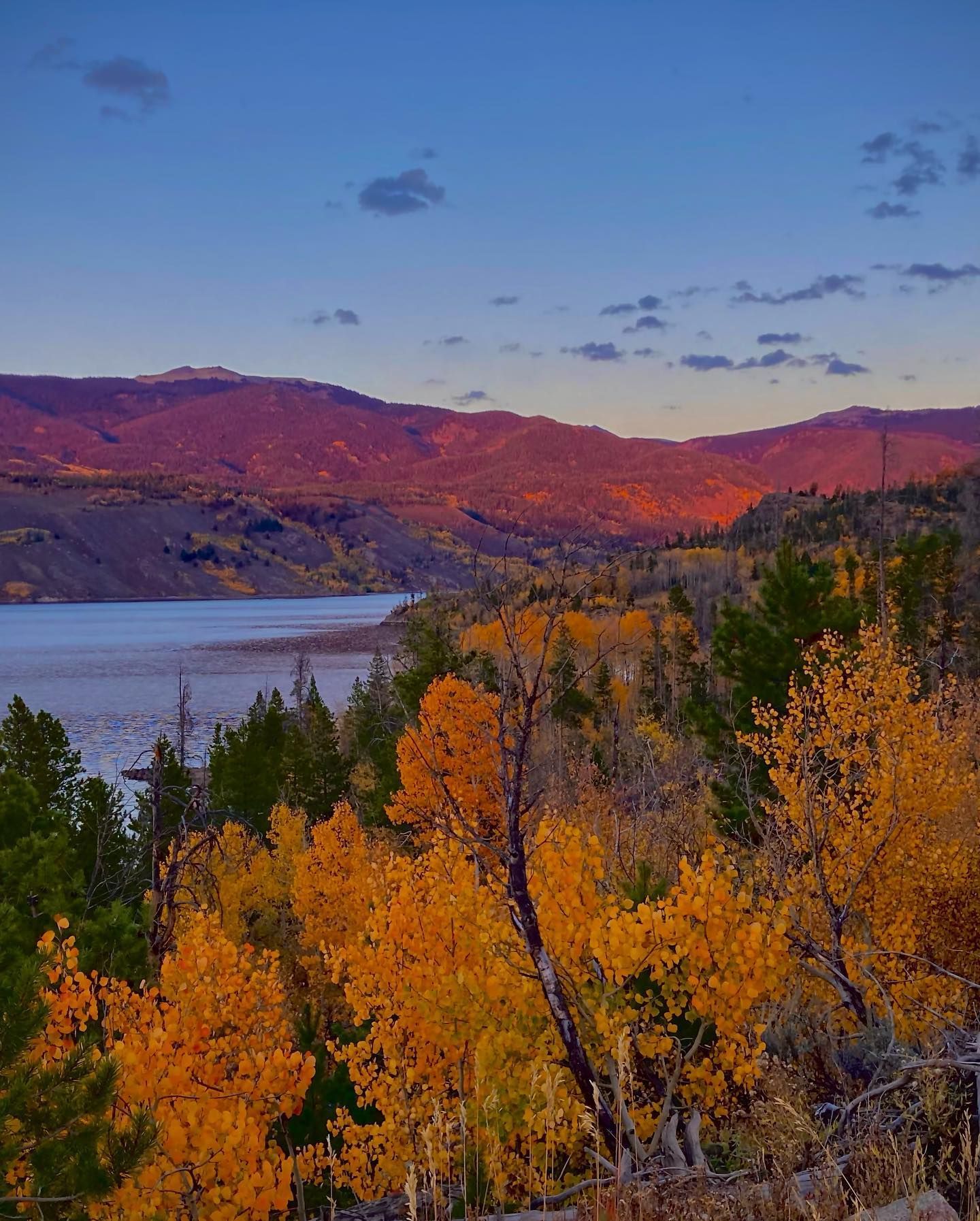 A lake in the middle of a forest with mountains in the background