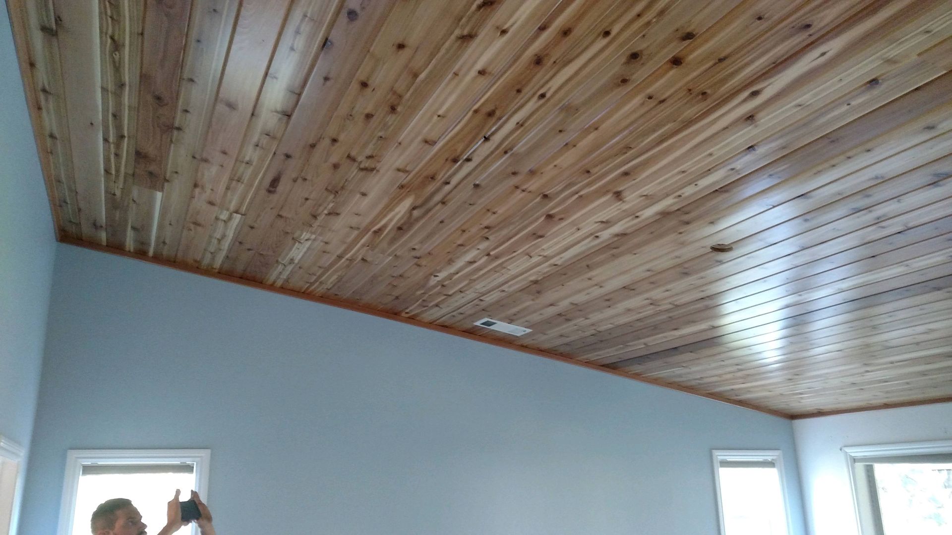 a wooden ceiling in a room.