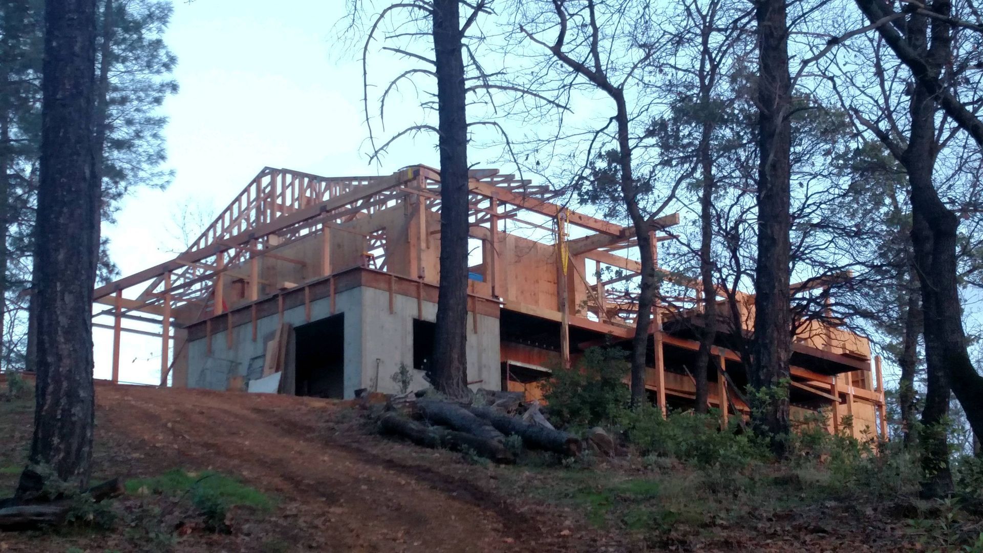 A house is being built in the middle of a forest.