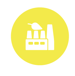 Un icono blanco de una fábrica en un círculo amarillo.