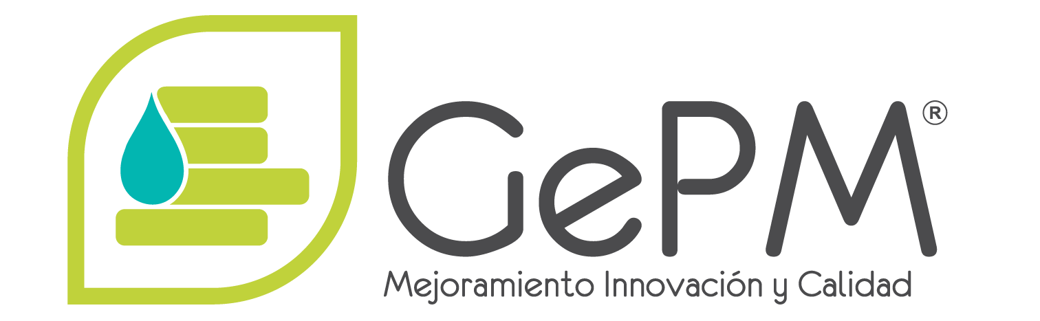Un logotipo para una empresa llamada gepm con una gota de agua sobre él.