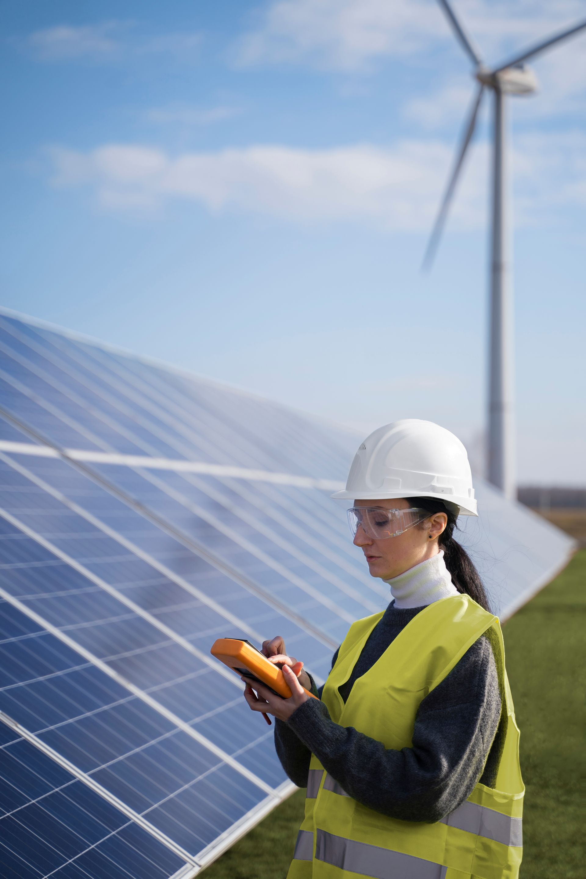 Una mujer está parada frente a un panel solar y una turbina eólica.