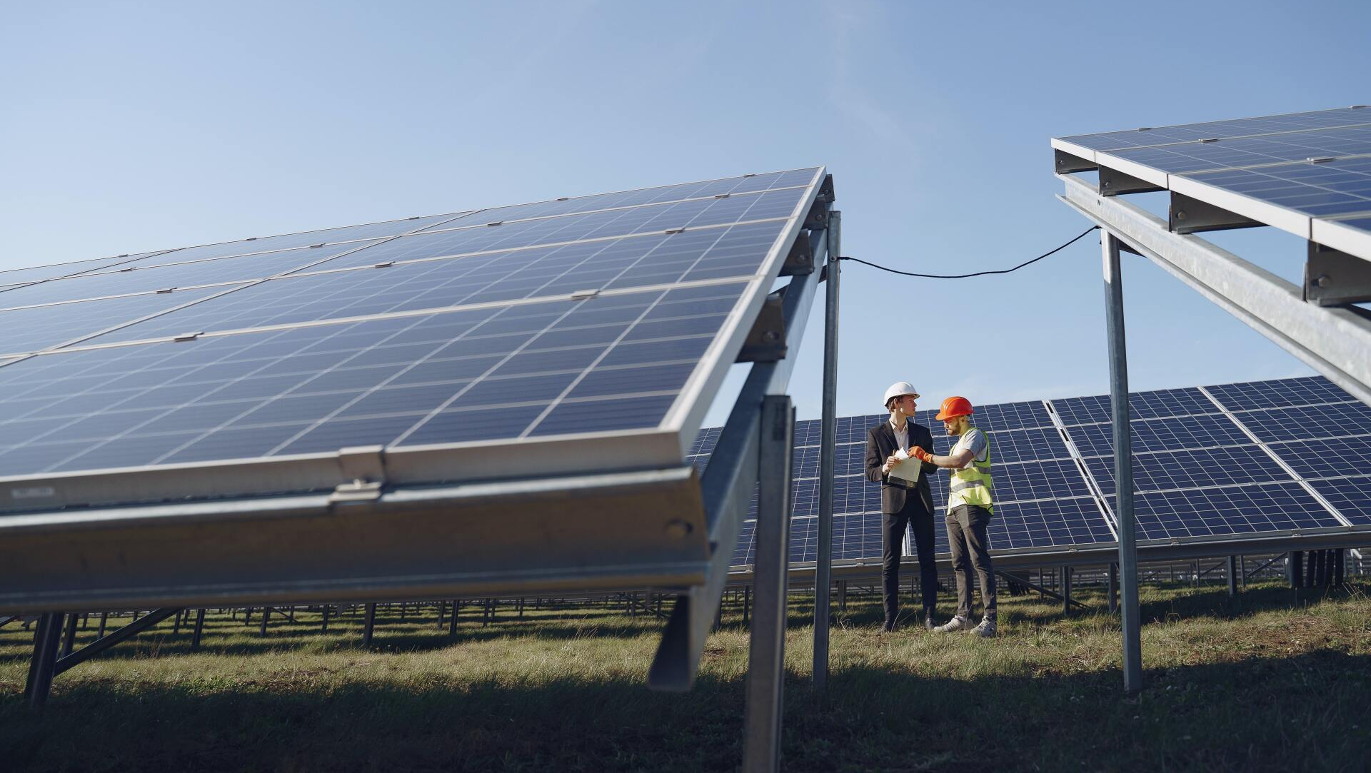 Dos hombres están parados frente a un campo de paneles solares.