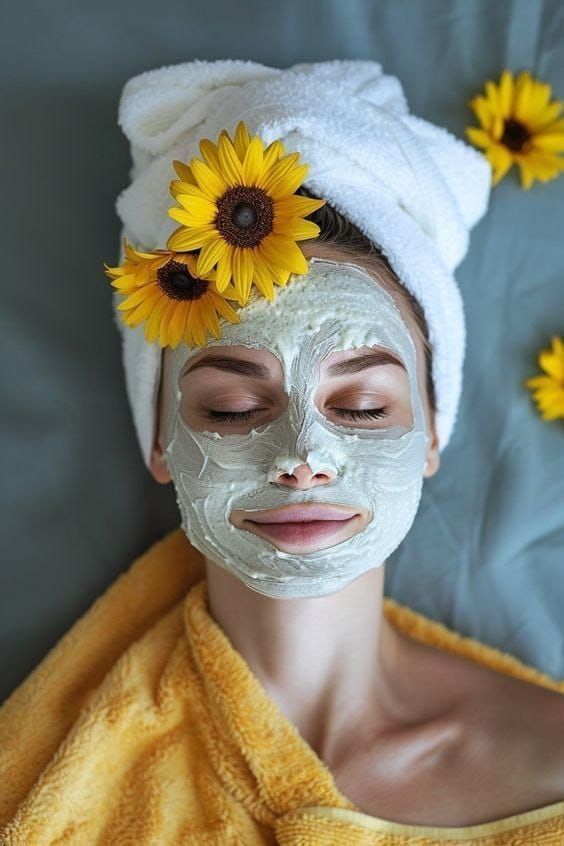 Una mujer con una toalla envuelta alrededor de su cabeza y una mascarilla de arcilla en su cara.