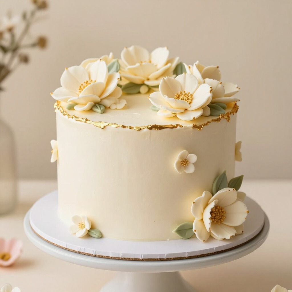 Tarta blanca glaseada con detalles dorados y flores color crema sobre un soporte blanco.