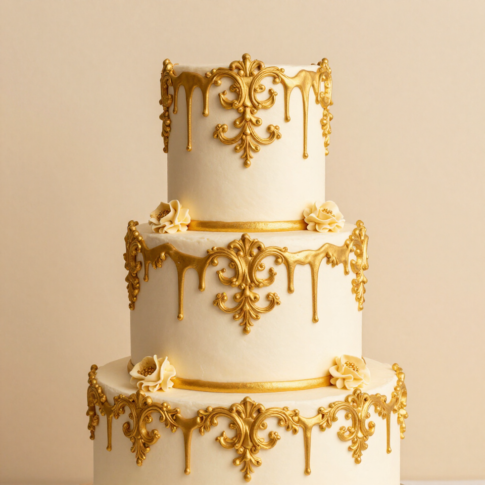 Tarta blanca de tres pisos con decoración floral dorada que gotea sobre un fondo beige.