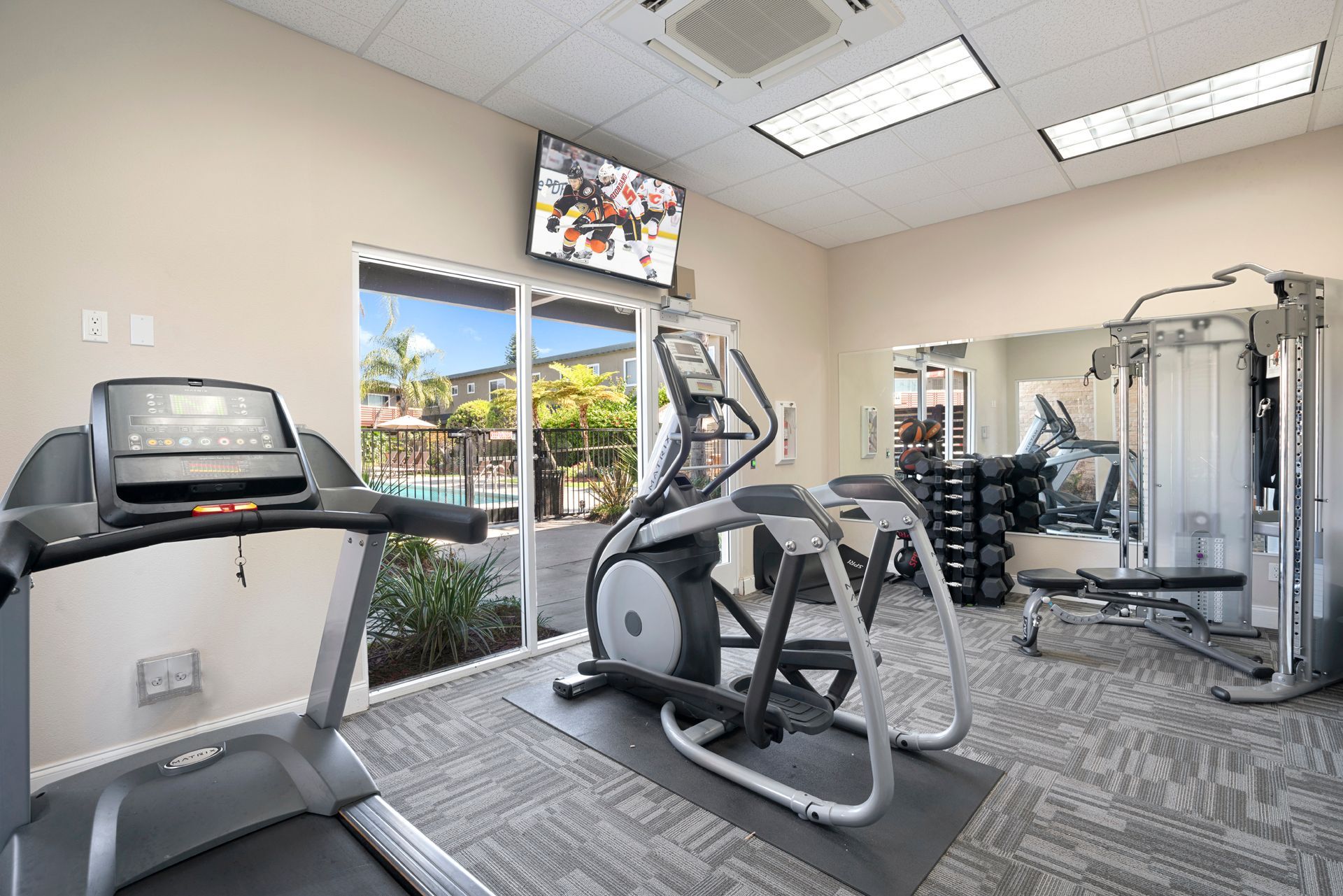 A gym with treadmills , ellipticals , and a television on the wall.