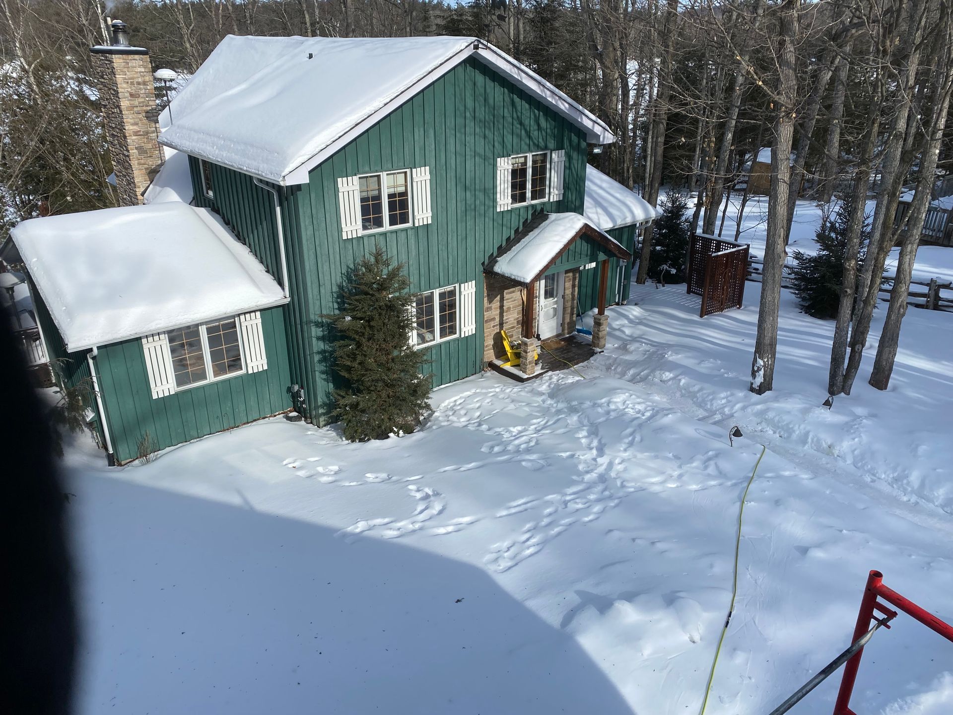 A green house is surrounded by snow and trees