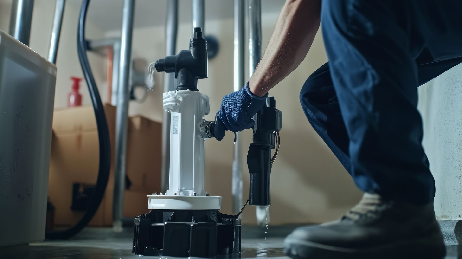 A plumber repairing a sump pump in a flooded basement. 