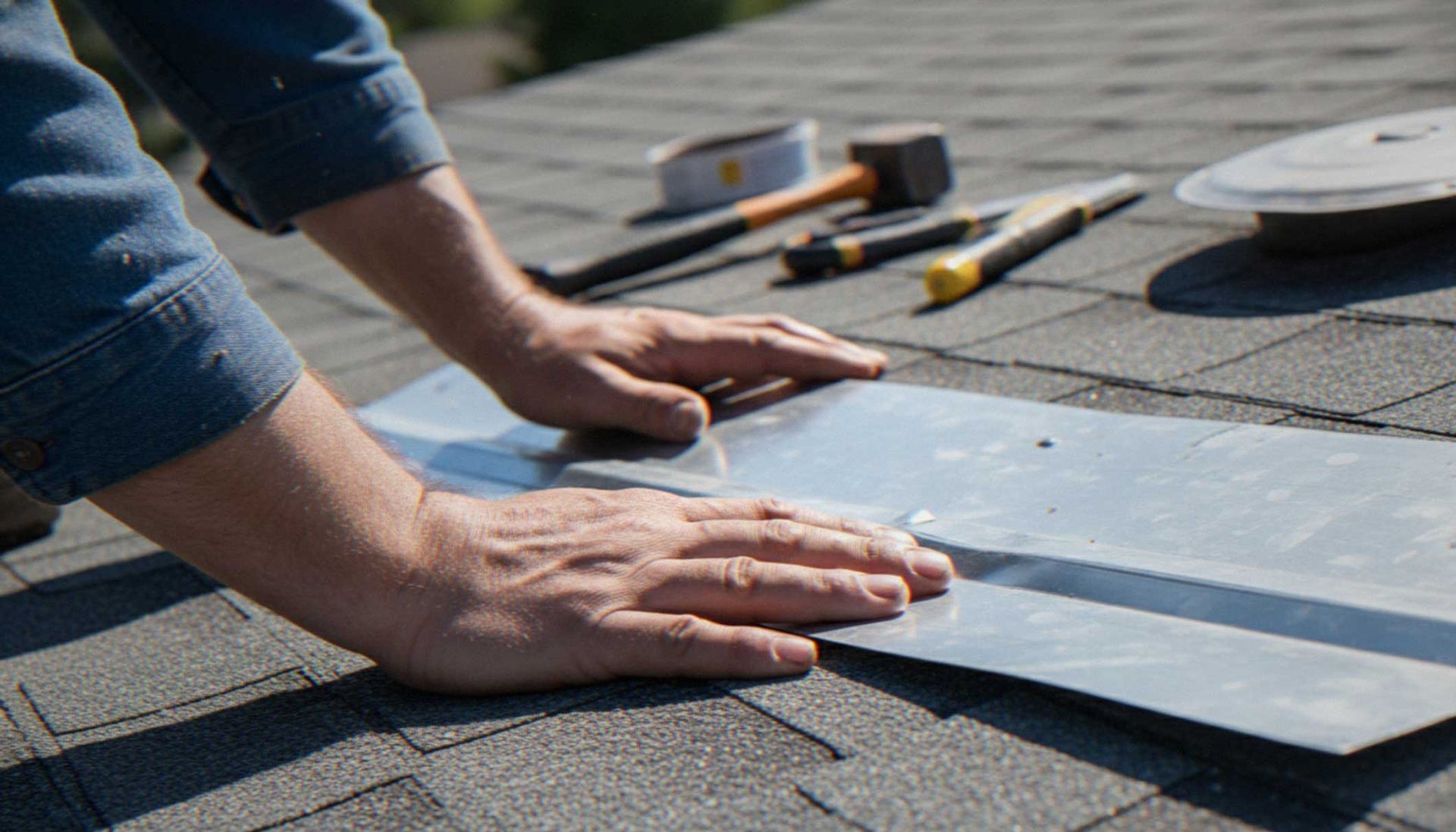 A roofer's hands installing metal flashing on a residential asphalt shingle roof during a repair. A roofer's hands installing metal flashing on a residential asphalt shingle roof during a repair.