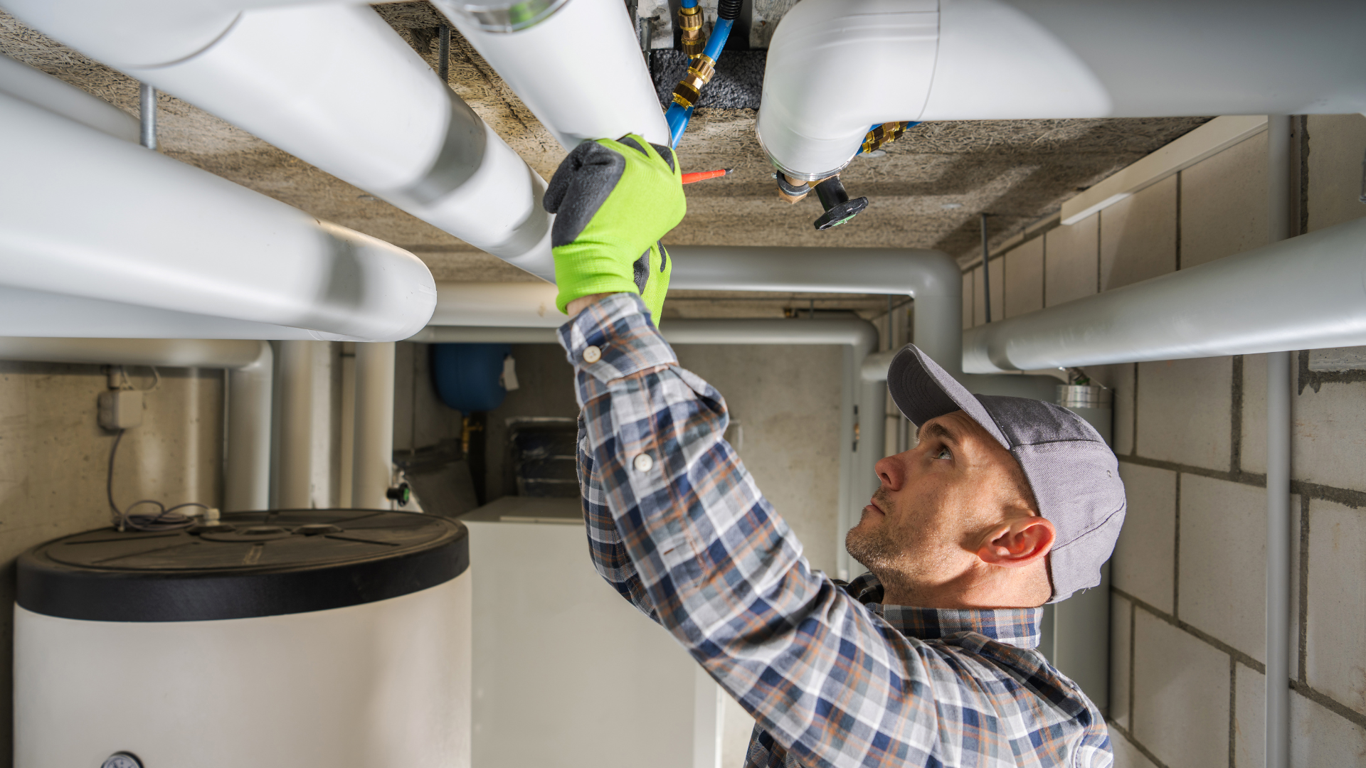 A man is working on pipes in a building.