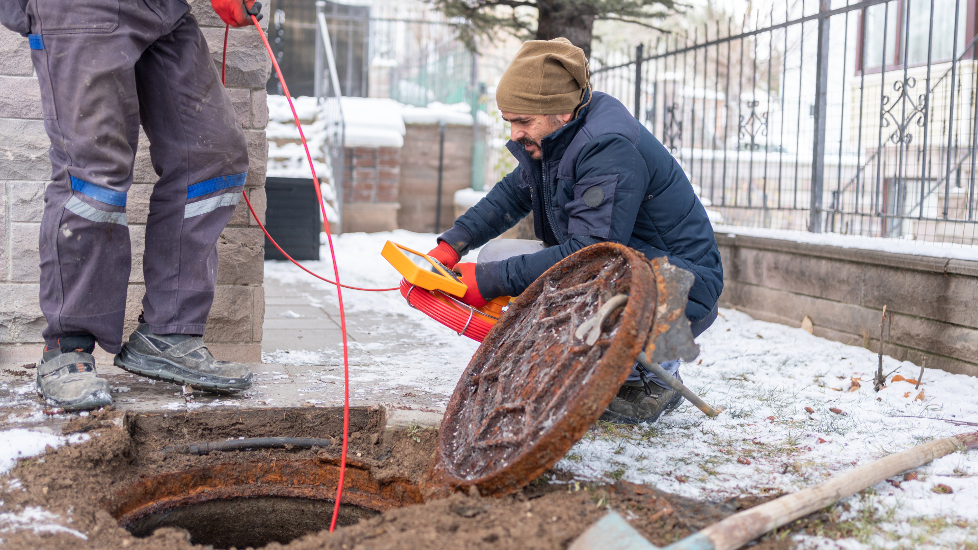 A manhole cover is being examined by a worker.