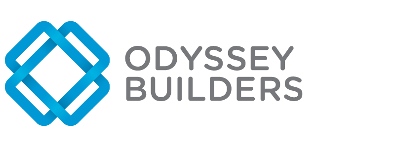 The odyssey builders logo is blue and white with a blue square in the middle.